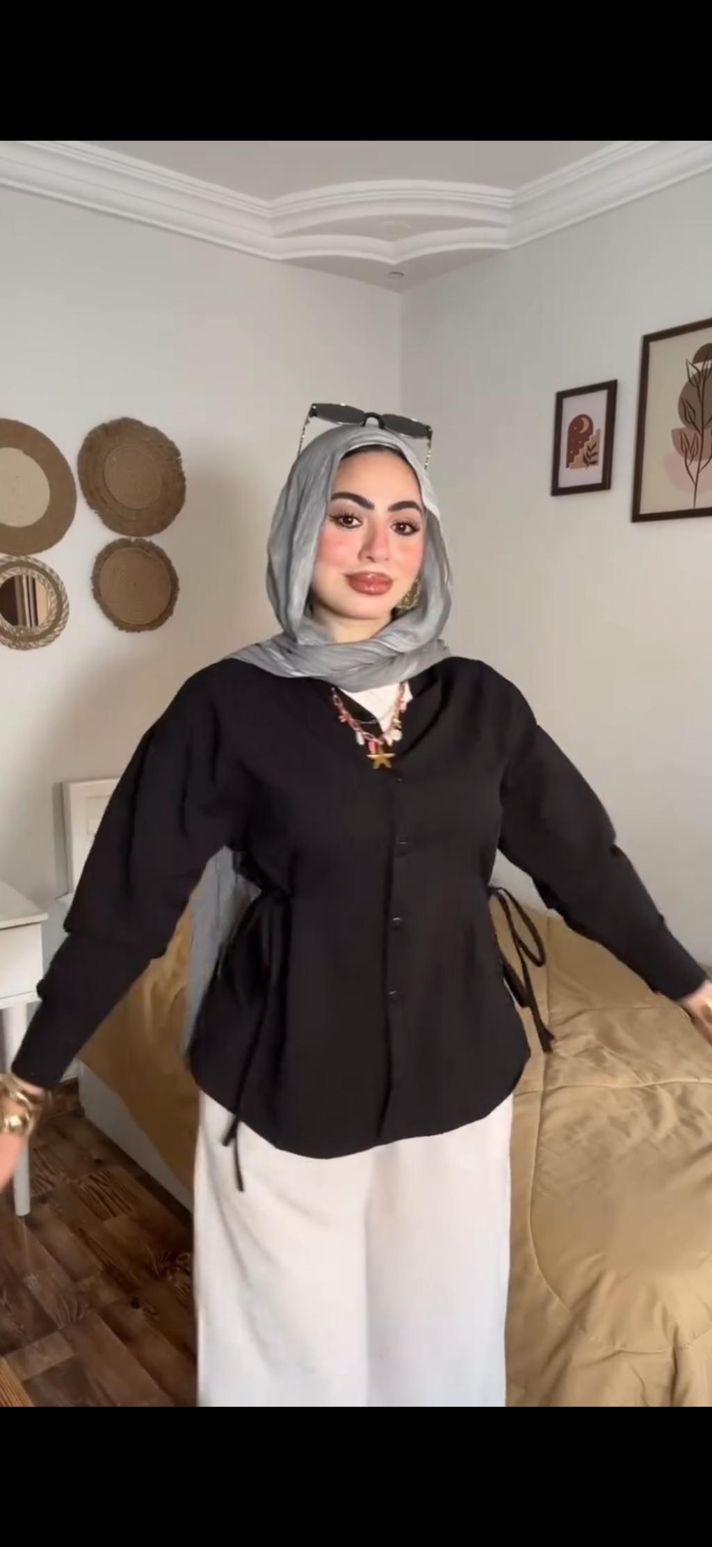 Modest Button-Front Blouse with Tie Waist