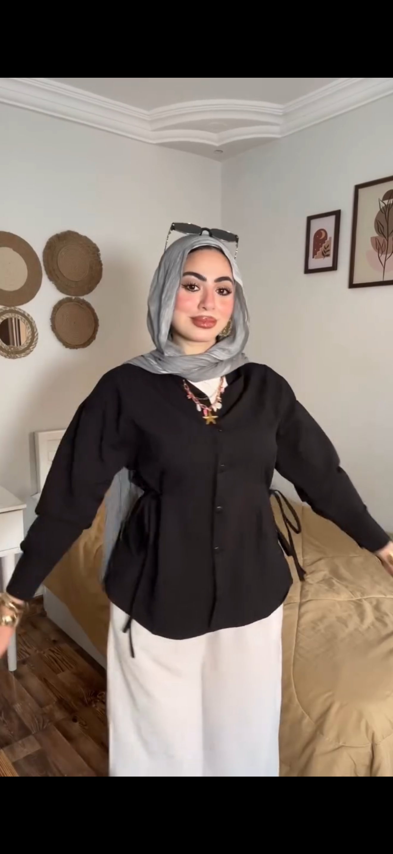 Modest Button-Front Blouse with Tie Waist