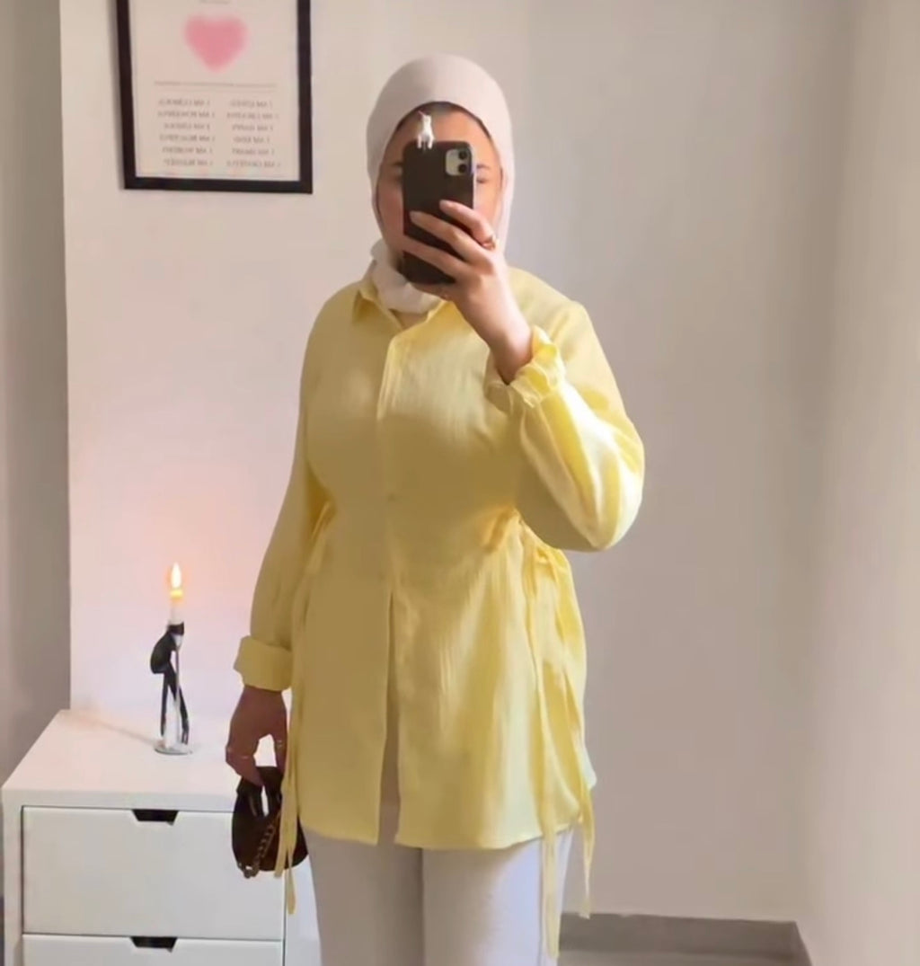 Modest Button-Front Blouse with Tie Waist